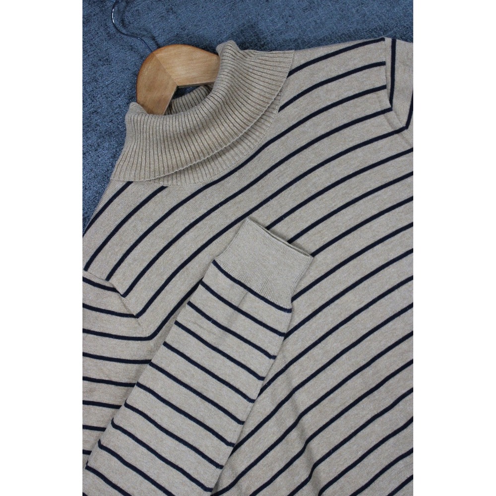 Lands End Supima Cotton Turtleneck Sweater Tan Navy Blue Striped Women Small 6-8